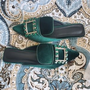 Slide / Loafers Emerald Green Rhinestone